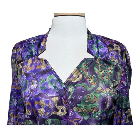 VTG USA Tabby of California Purple Green Abstract Floral Satin Midi Dress 14 - Picture 3 of 9